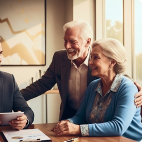 An elderly couple smiles while meeting with a financial advisor in a modern office, discussing documents and charts.